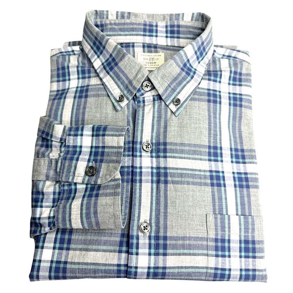J Crew Men's Slim Fit Long Sleeve Shirt, 100% Cotton 2-Ply, Plaid Gray, Size L‎